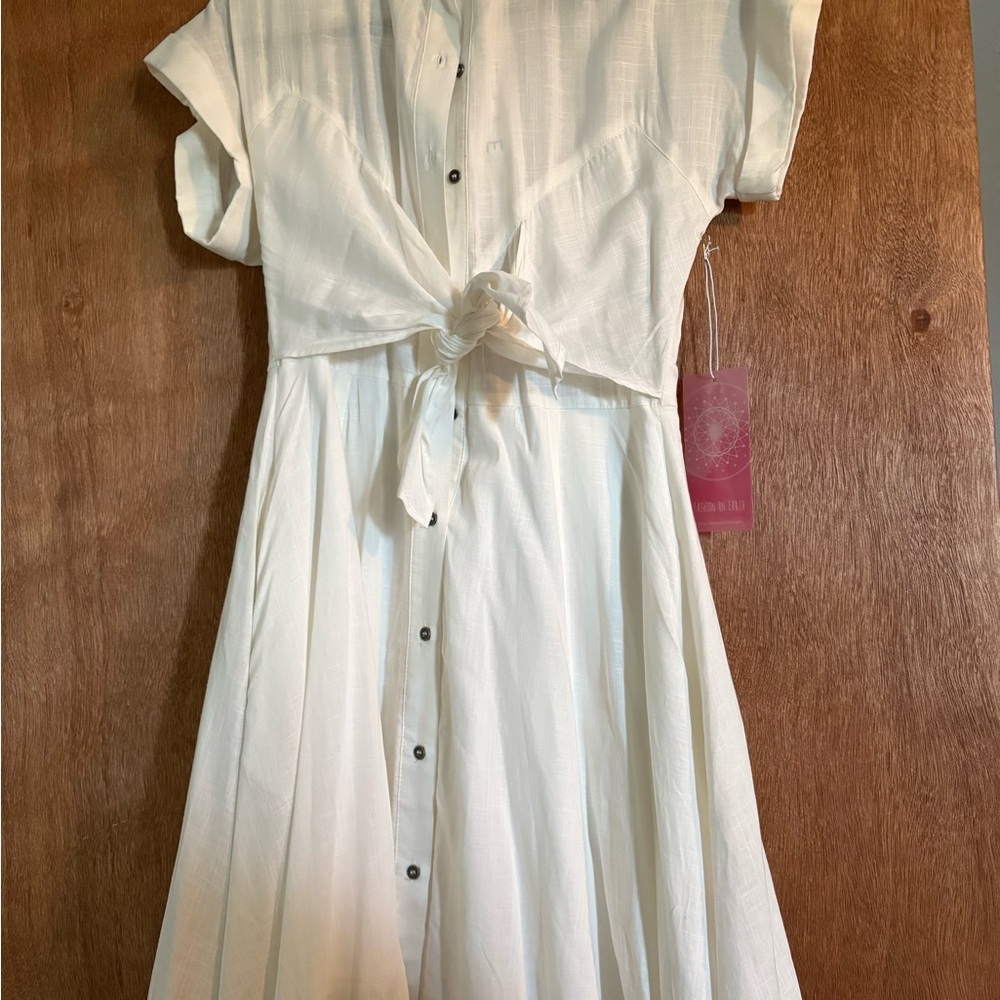 Cream Buttoned Pleated Sundress with Cuffed Sleeves